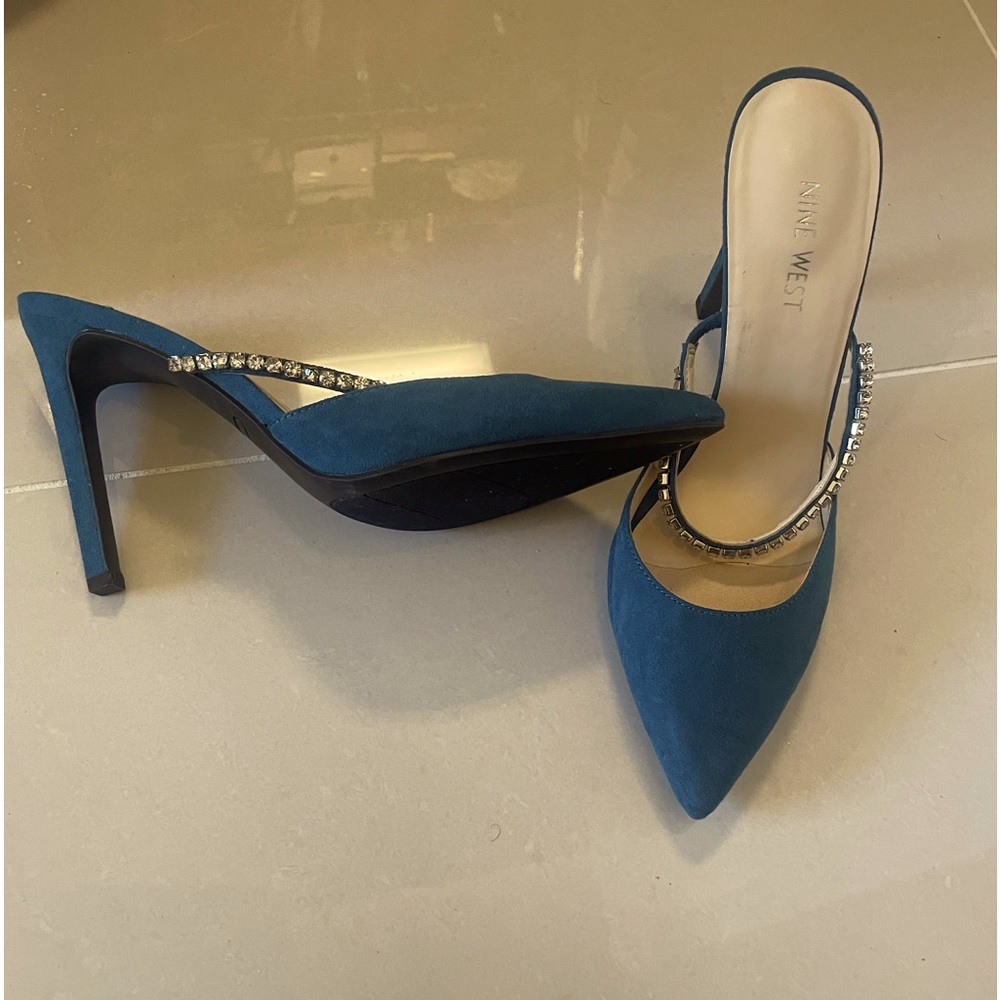 Nine West Woman Mule 9M Teal with rhinestones